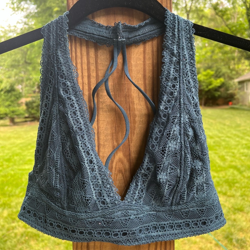 Lace Halter Bralette in Slate Blue